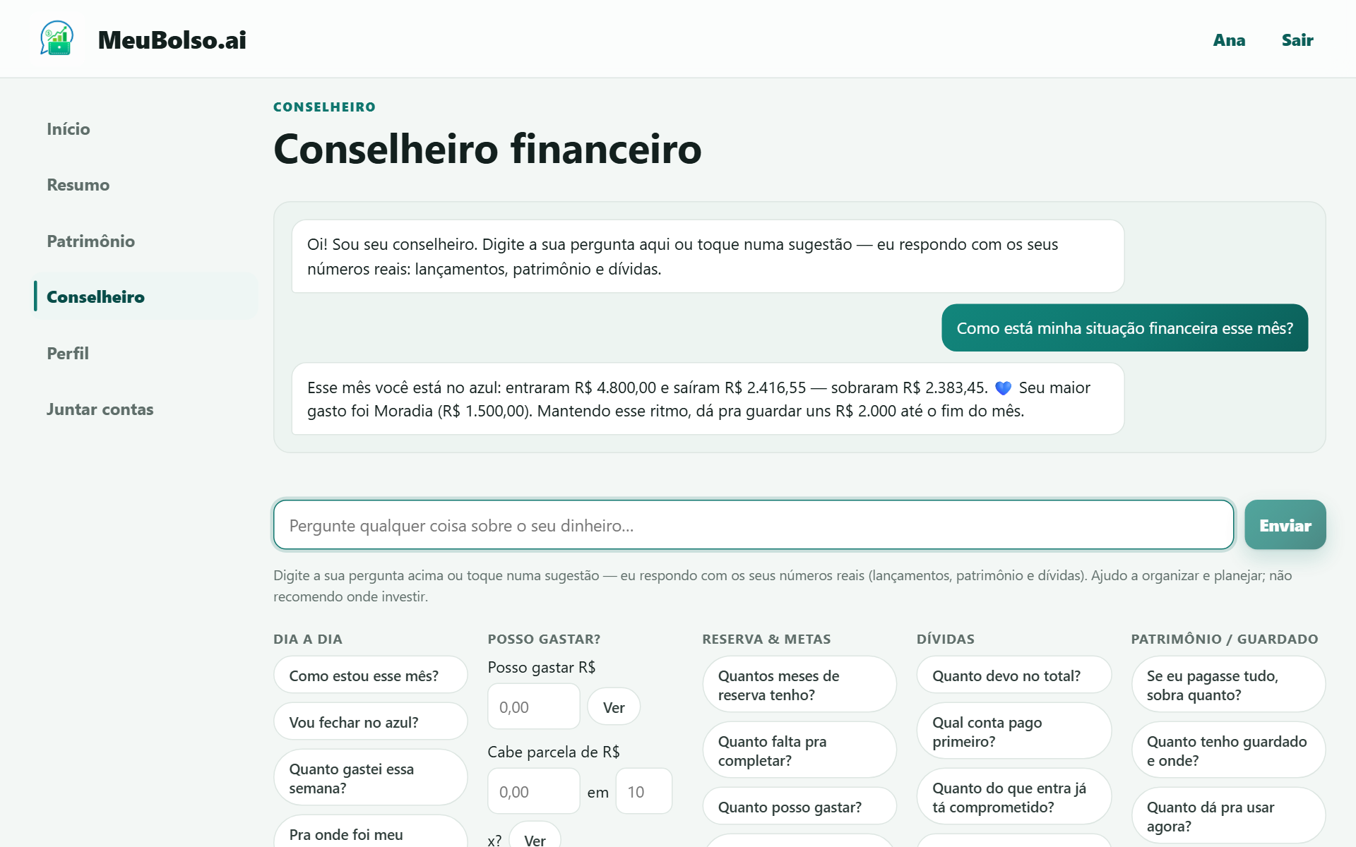 Seção Conselheiro: pergunta respondida com os números da conta e sugestões de perguntas por tema