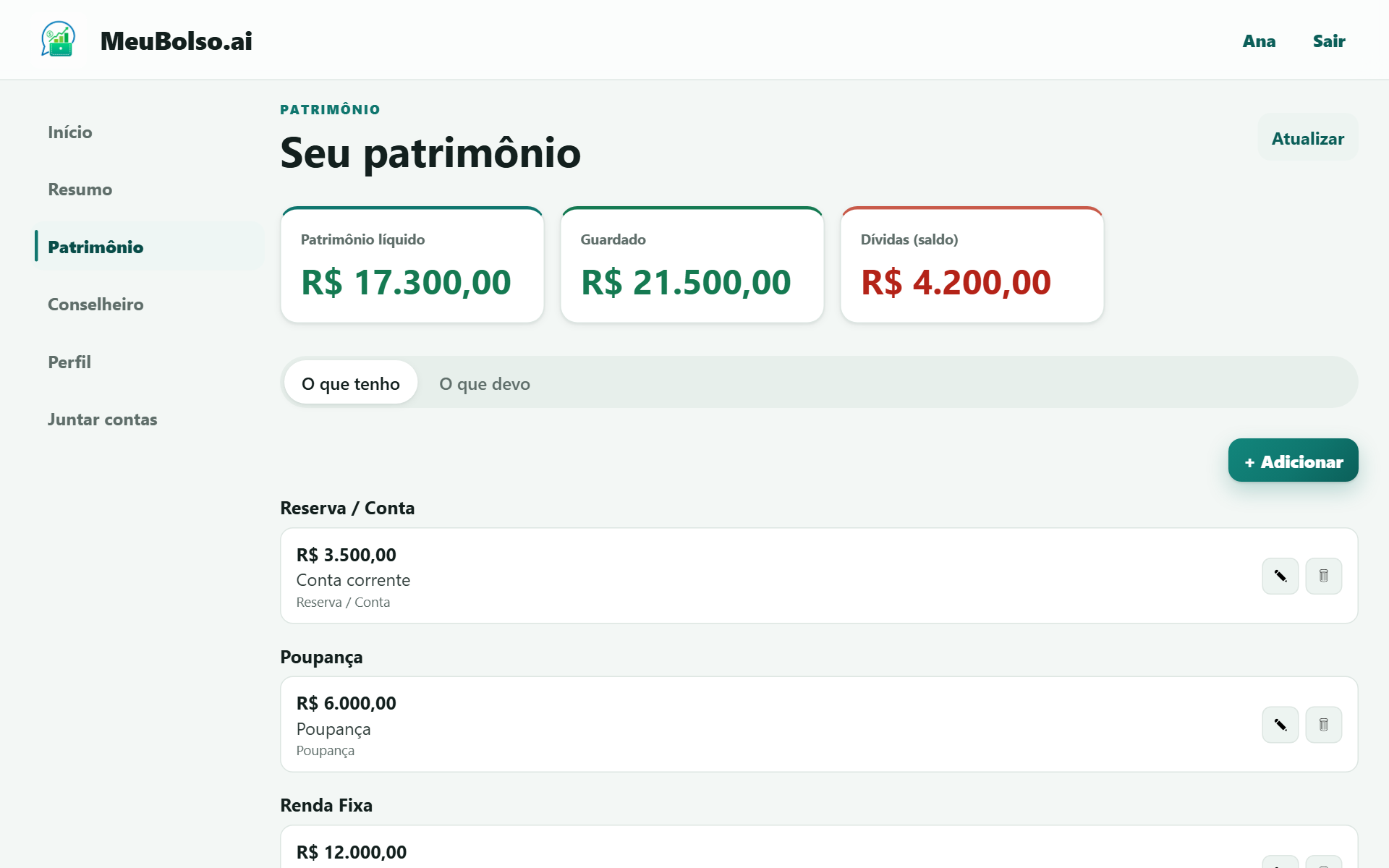 Seção Patrimônio: patrimônio líquido, total guardado e saldo de dívidas, com a lista do que está guardado