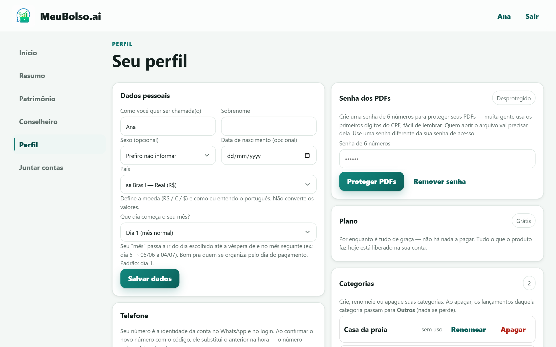 Seção Perfil: dados pessoais, dia em que o mês começa, senha dos PDFs, plano e categorias